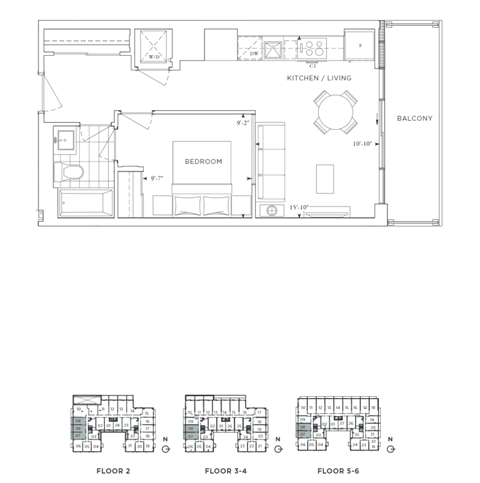 Floor plan for 1 bed, 1 bath, 524 sqft